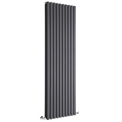 Tall grey double panel Milano Aruba designer radiator on a white background