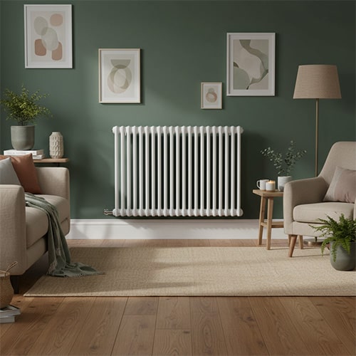 White Milano Windsor electric designer radiator on a green wall